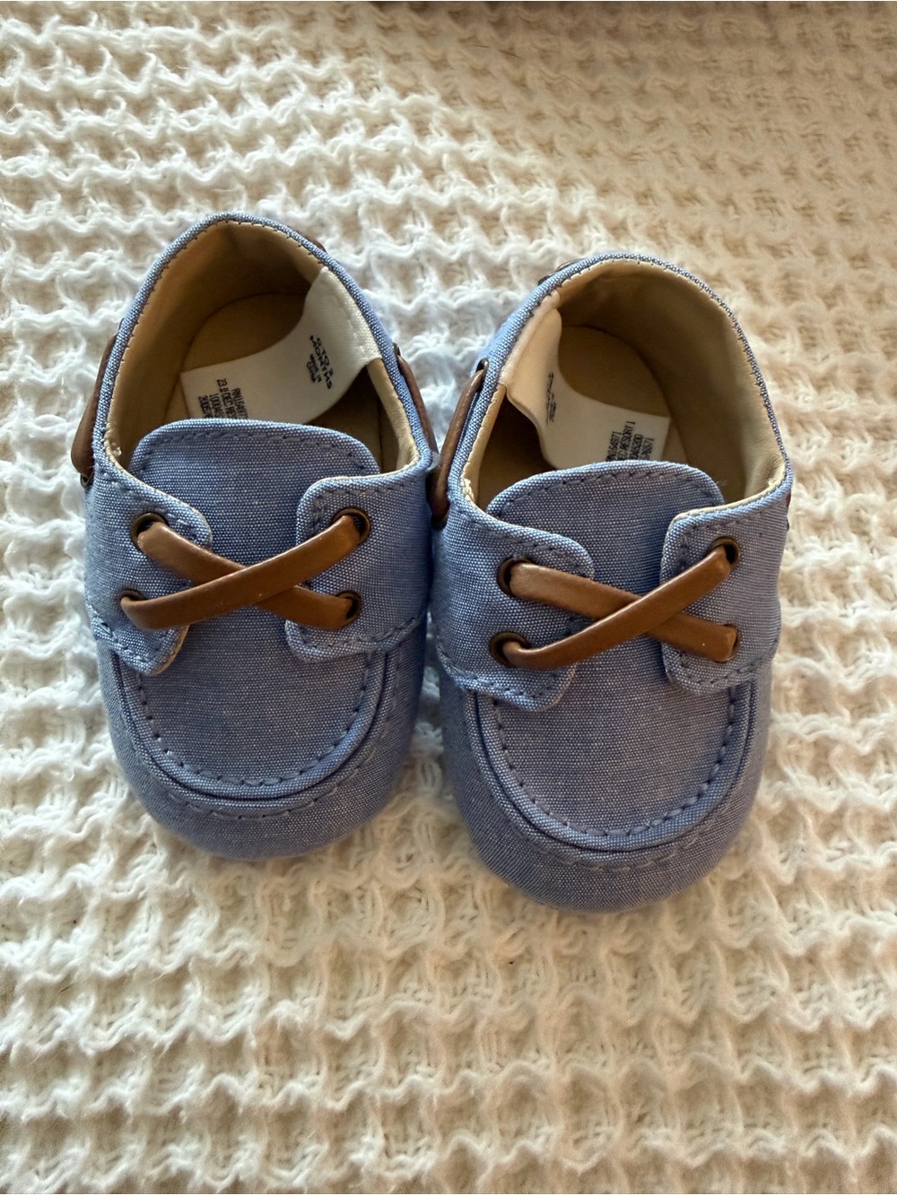 Janie and Jack Light Blue Canvas Baby Moccasins with Brown Accent